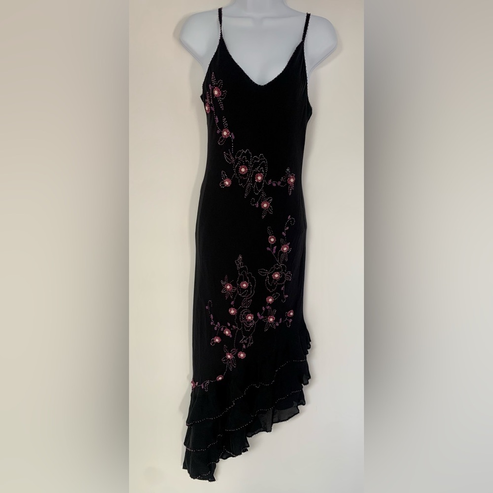 Vintage slip dress silk beaded y2k black hankerchief floral 10
